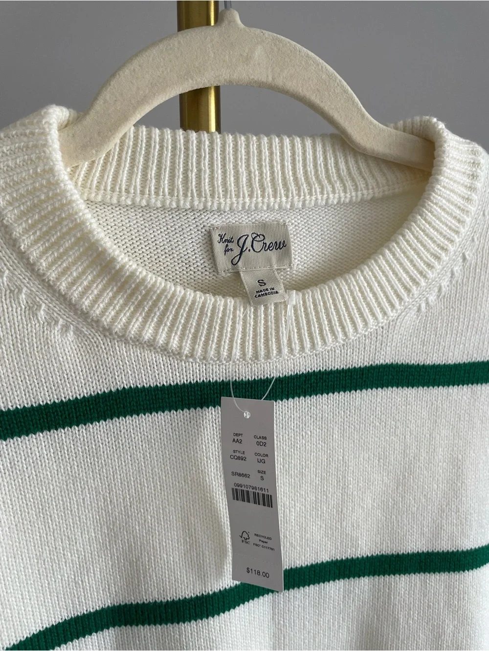 NWT J.Crew Heritage 100% Cotton Crewneck Sweater Ivory Jungle Green Stripe $118